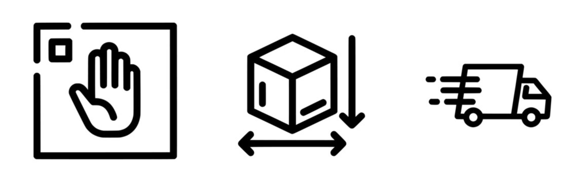 Logistics line icon set, delivery truck and package dimensions symbols, shipping and handling vector icons
