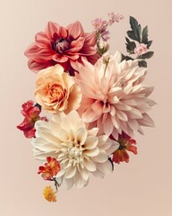 Detailed botanical form featuring garden roses and dahlias in soft neutral light © Svitlana