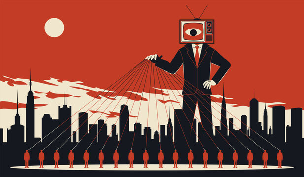 Manipulation people. Imposition of opinions and views through mass media, zombie television, brain control, influence dominates, mass communication tidy vector isolated propaganda concept