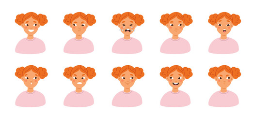 Obraz premium Girl emotions. Funny red haired child, different facial expressions, young female character, cute kid avatar different mood, happy or surprised, sad head, garish vector cartoon isolated set