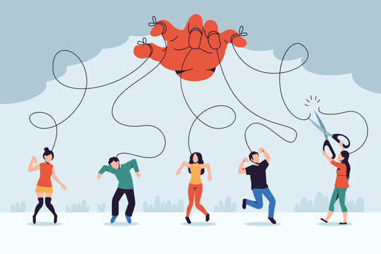Getting out of control. Puppets cut ties with hand, human manipulation, subordinate people, psychological phenomenon, man and woman puppets with strings tidy vector cartoon isolated concept