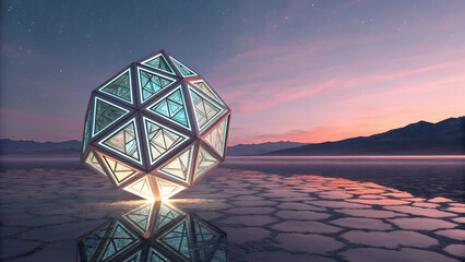 Futuristic glowing geometric cube floating over serene lake at sunset with bioluminescent reflections and mountains