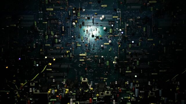 brilliant packet storm over motherboard grid, scattered glowing components and anomaly signatures, intrusion traces illuminated by forensic scan, tense cyber