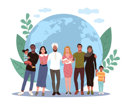 Multinational big family. Legal status birth, human rights and non discrimination, happy people inclusion, support and cooperation, vector cartoon isolated multicultural community concept