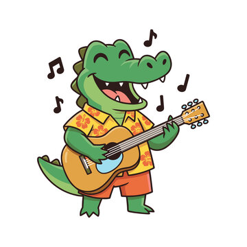 Happy alligator playing guitar and singing
