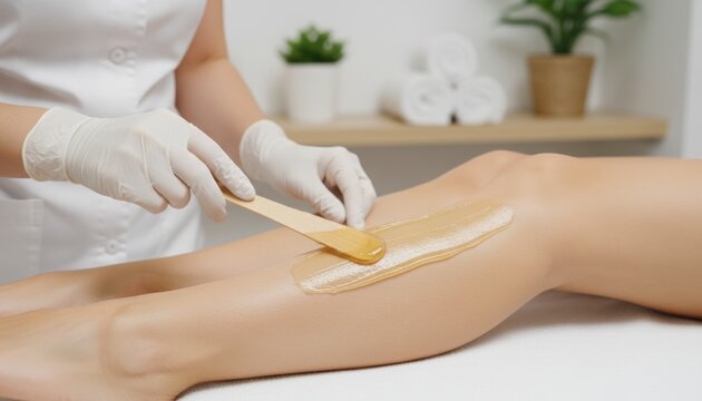Close up of beautician applying yellow sugaring paste to smooth female leg with wooden stick in a bright salon.