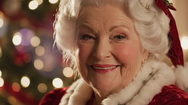 Mrs. Claus smiling with holiday cheer in a Christmas setting with a decorated tree