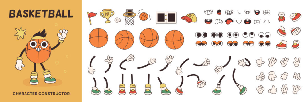 Basketball ball cartoon character constructor. Funny retro sport mascot, creation kit, happy smiling vintage face, playful poses parts, hands and legs, different expressions garish vector set