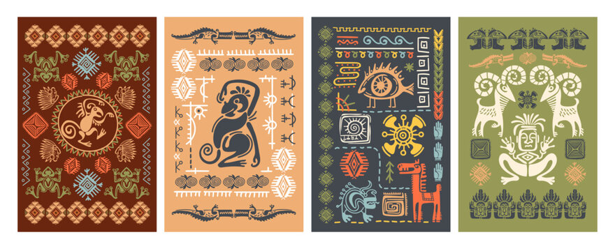 Aztec inca tribal patterns. Ancient ornaments, maya civilization culture, ethnic silhouetted elements, geometric borders and stylized animal motifs mexican culture, splendid vector isolated set