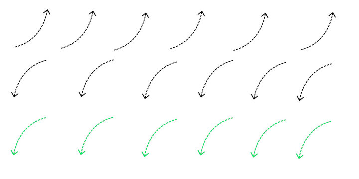 Set of curved dashed arrow icons in green and black colors for infographic and UI design elements