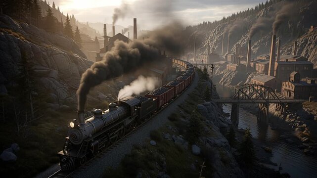 Powerful Steam Engine Crossing Mountainous Industrial Landscape