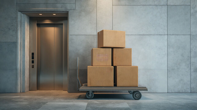 A cart loaded with stacked cardboard boxes stands near a modern elevator in a sleek building lobby