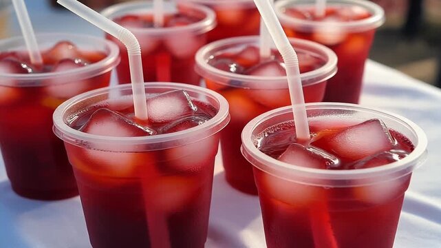 Cups of Iced Red Drink with Straws.