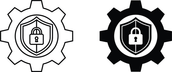Fototapeta premium Cyber security icons in outline and silhouette styles featuring a shield with a padlock inside a gear symbol for data protection network safety and information technology management.