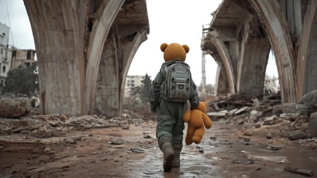A child, carrying teddy bears, walks through a devastated city, reflecting a somber scene of desolation and loss.