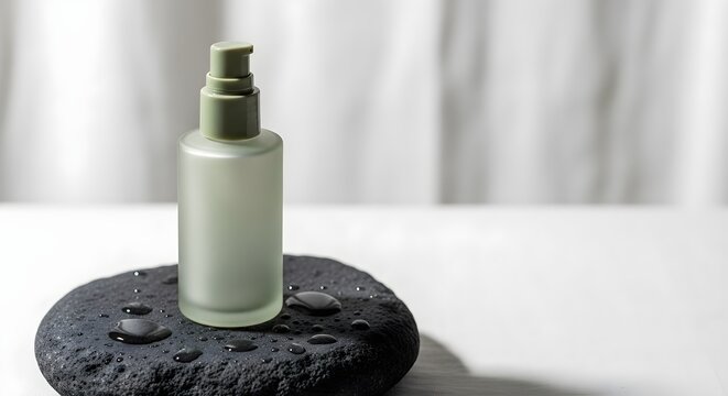 Matte sage green cosmetic pump bottle with frosted glass body standing on a dark wet rock against a white textured background