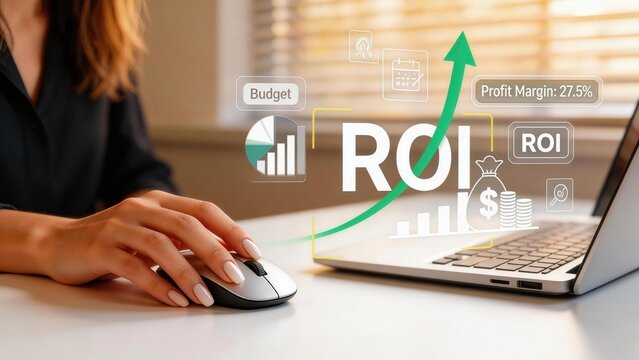 Businesswoman analyzing ROI metrics on laptop
