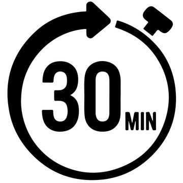 A black and white icon of a 30 minute timer
