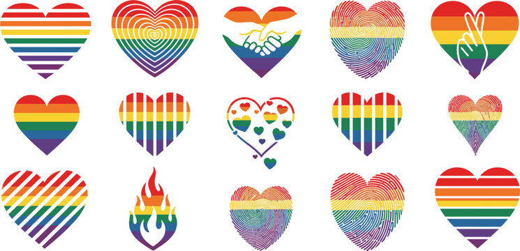 Rainbow pride heart icons set with lgbtq flags fingerprints handshake fire and stripes symbols for diversity equality inclusion and love awareness.