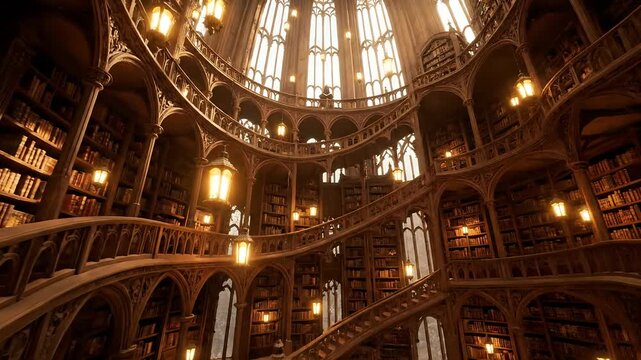 Gothic library interior with spiral staircase and warm lanterns