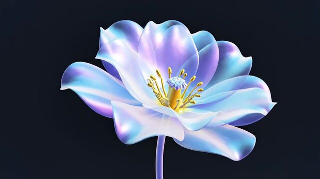 A glowing flower with iridescent petals rotates around its axis against a dark background