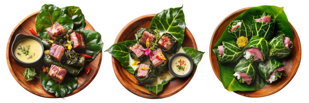 Lu Pulu corned beef cooked in coconut milk in taro leaves in wooden bowl, isolated on white background, concept of Polynesian food