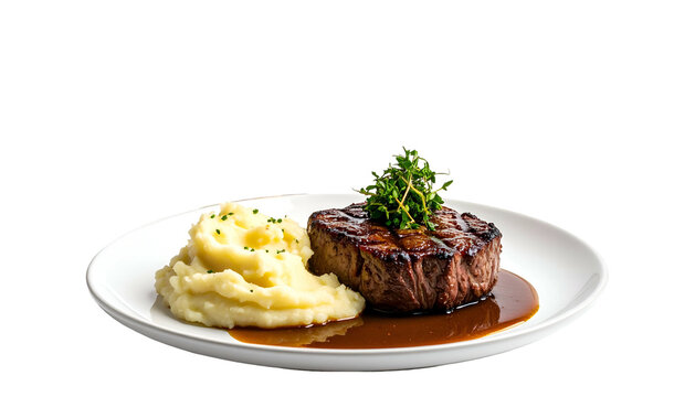 A plated steak with mashed potatoes and sauce, garnished with fresh herbs, presented on a white plate