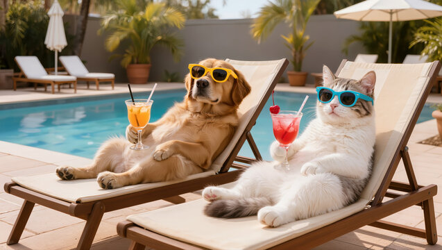 Golden dog and tabby cat in sunglasses relaxing with cocktails on lounge chairs by a sunny poolside resort scene. Playful summer humor.