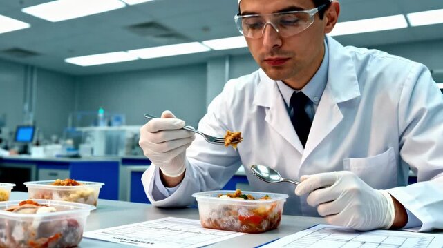 Quality control expert examines frozen meal samples in a sensory lab assessing texture and taste to maintain optimal frozen food experience.