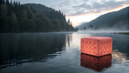 Floating pink soft cube on calm misty lake at sunset with forest mountains reflection minimalism