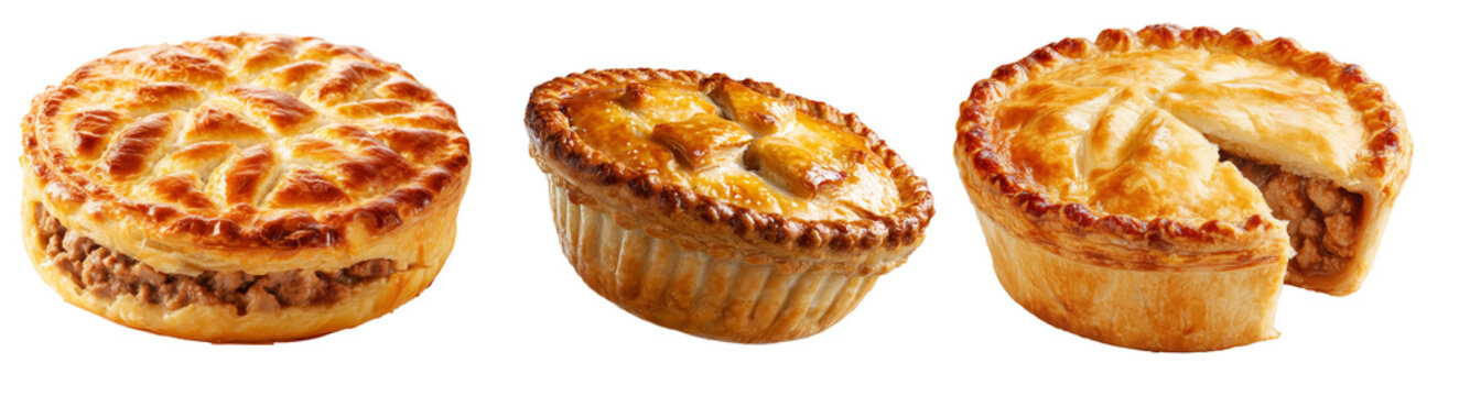 Australia meat pie with minced beef and gravy and crisp flaky crust isolated on white background. Concept of homemade comfort food