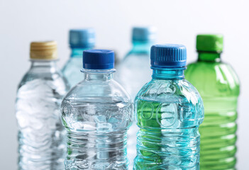 Several plastic water bottles with colorful caps on a white background.