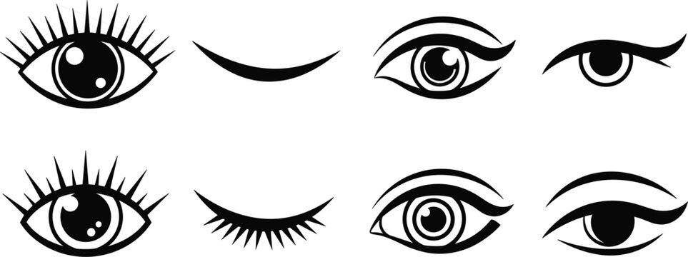 Collection of black feminine eye icons with long eyelashes and eyebrows in various styles including open winking and closed for beauty salon and makeup artist branding.