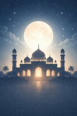 Grand mosque with domes and minarets illuminated by a large full moon at night 