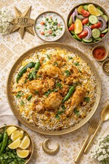 Large platter of chicken biryani with side dishes and Eid Mubarak decoration , Eid Concept