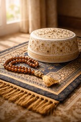White embroidered kufi cap and wooden prayer beads on a patterned rug, Ramadan Concept