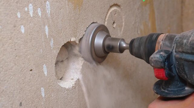 Electric drill with hole, cutting a round hole in plaster wall, forming dust and debris. Up close, you can see body of the drill, the rotating drill bit and controlled. Drilling of underwires in wall