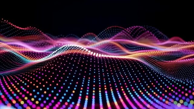 Abstract digital landscape with glowing dots forming colorful wavy terrain on black background for futuristic technology or data visualization concepts
