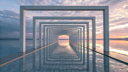 Modern geometric glass tunnel leading to bright horizon over serene water landscape minimalist architecture