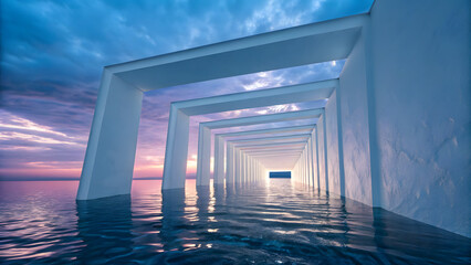 Dreamlike white modern pier tunnel extending over ocean at sunset with soft purple pink sky reflections