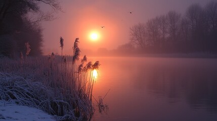 A vibrant sunrise over a tranquil lake with frosted reeds and trees
