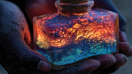 Glowing jar held in hands, revealing vibrant, colorful, mysterious contents