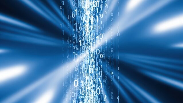 A digital tunnel filled with binary code and bright blue lights