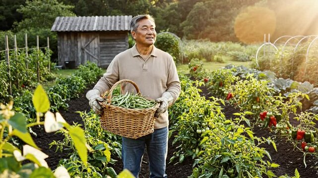 Happy Gardener with Basket of Fresh Green Beans Smiling in Organic Garden with Abundant Harvest