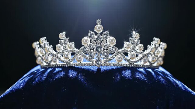 A royal diamond and pearl crown sparkling under a spotlight. Luxury tiara for a beauty pageant, prom queen, or wedding. Symbol of achievement and graduation honor