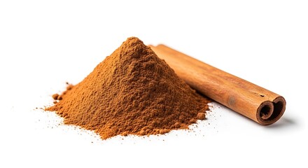 Pile of cinnamon powder and stick on white background