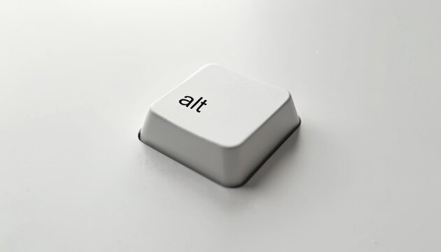 Single Alt key from computer keyboard isolated on white background. Close-up of white keycap with black text shows input device component for digital computing and typing.