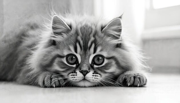 Fluffy cat rests indoors. Large expressive eyes stare forward. Domestic pet lies peacefully. Soft fur texture is visible. Tranquil home atmosphere.