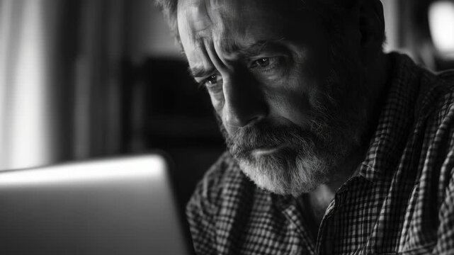 Man with beard and glasses looking at computer screen in exasperation, trying to solve tech problem.