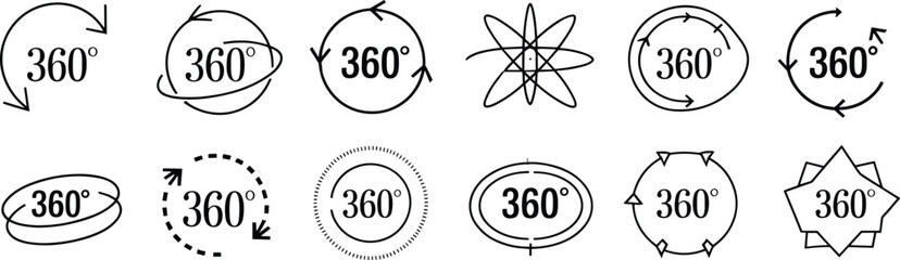 360 degree rotation icon set, circular arrows symbols for panorama, spin, orbit, and motion © MSTMONIRA